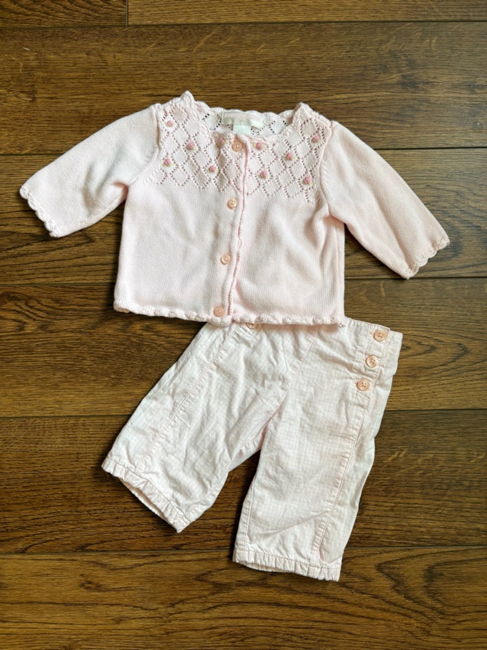 Janie and Jack Pink Knit Floral Cardigan and Gingham Pants Set Size 0-3 months
